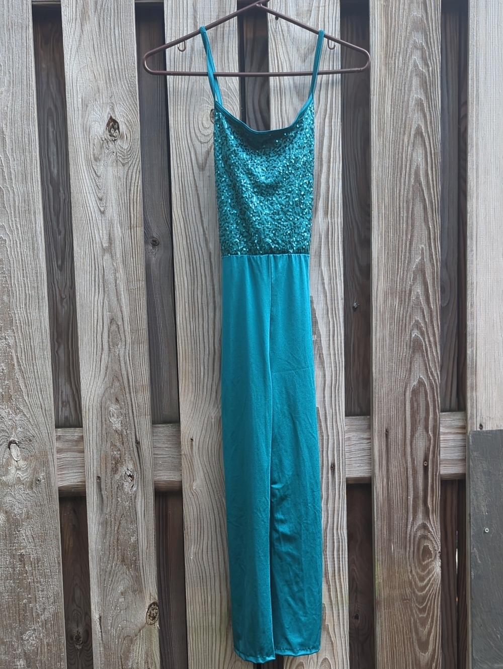 Weissman Teal Sequin Bodice Wide-Leg Romper